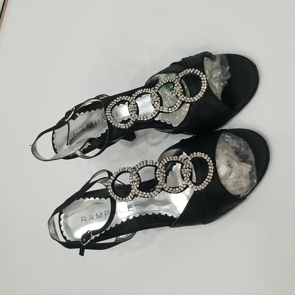 RAMPAGE Black Satin Rhinestone Embellished Slingback Open Toe Heels